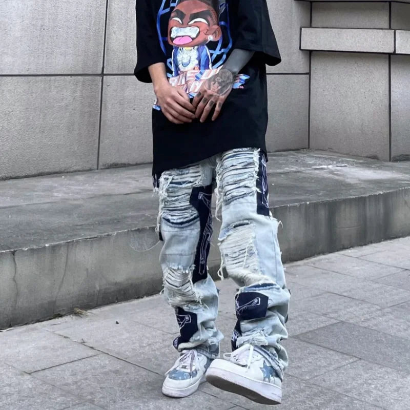 men high street denim jean pants casual loose destroyed ripped holes straight jeans fashion patchwork hip hop streetwear joggers unique joggers style 4513