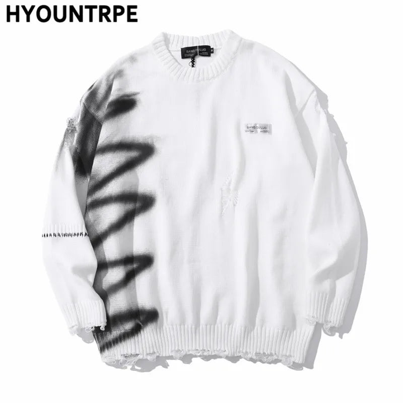 mens hip hop destroy ripped holes streetwear graffiti harajuku sweater vintage retro knitted sweater new casual cotton pullover Y2K vintage urban hoodie, trendy hip hop style outerwear, streetwear fashion hoodie
