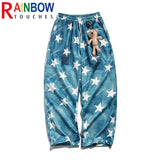 rainbowtouches fashion classic brand mens cargo pants bear pendant trousers loose straight high street style unique wide legs multi-pocket cargos