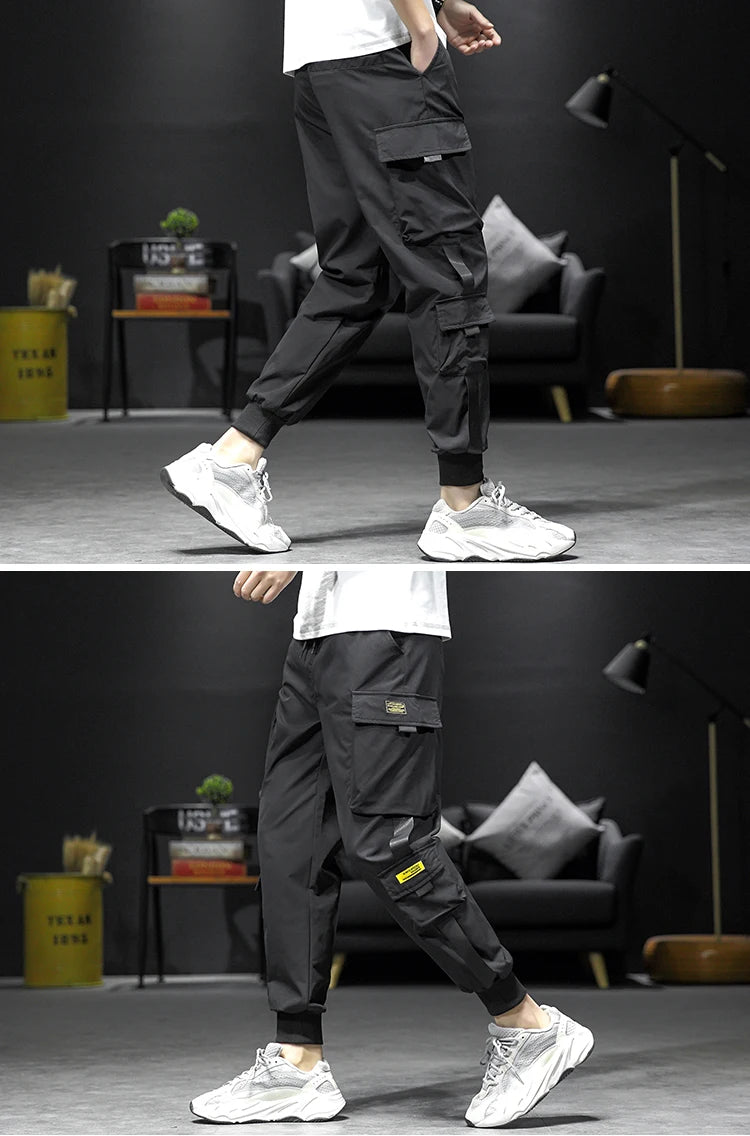 streetwear hip hop black harem pants men elastic waist punk pants with ribbons casual slim jogger pants men hip hop trousers unique joggers style 2529