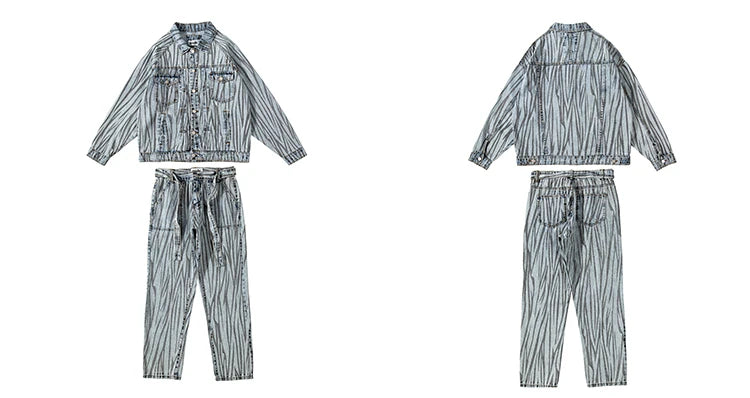 2 pieces sets mens fashion striped single breasted denim jeans jacket coat and zipper straight pants joggers new streetwear sets unique joggers style 3928