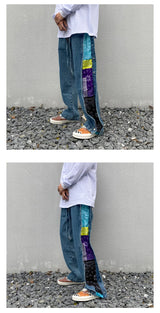 men side buttons patchwork harajuku straight denim jean pants casual elastic waist jeans trousers hip hop new streetwear joggers unique joggers style 3154