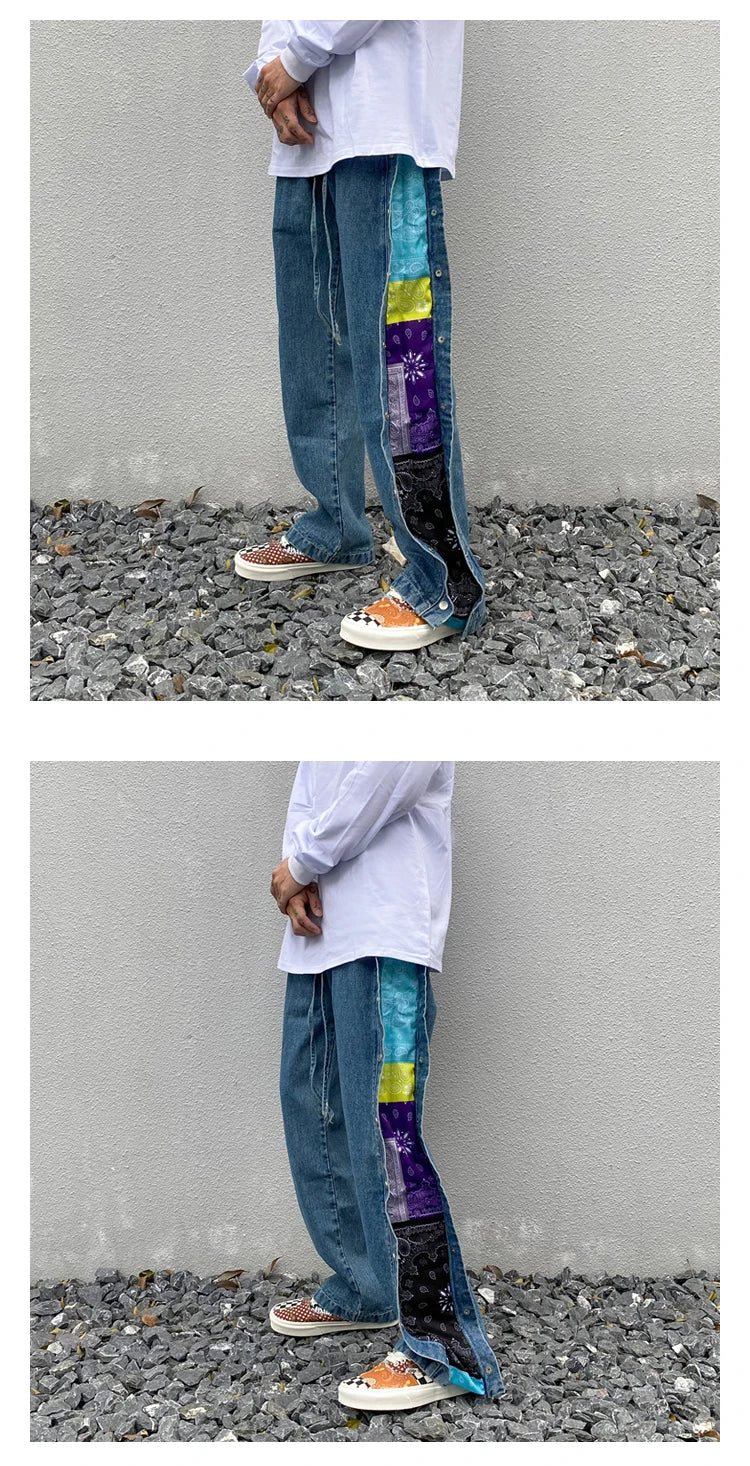 men side buttons patchwork harajuku straight denim jean pants casual elastic waist jeans trousers hip hop new streetwear joggers unique joggers style 3154