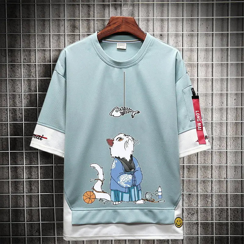 Anime Streetwear top – Hip Hop Kahaki T Shirt Short Sleeve Kawaii Harajuku Cat T Sh