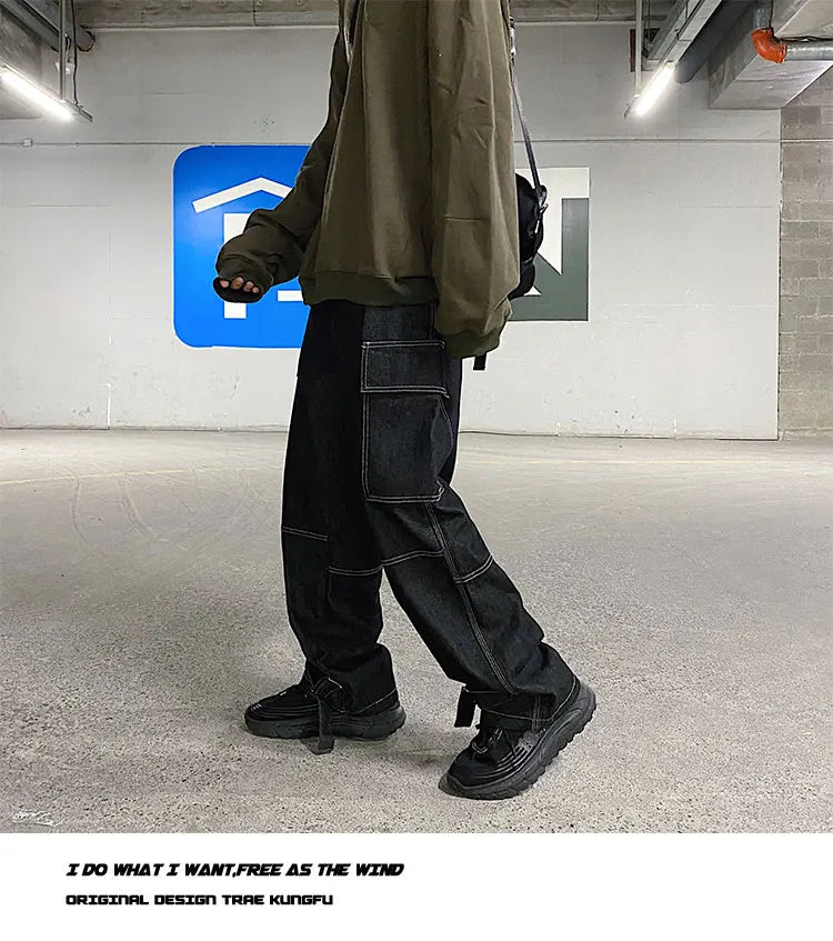 men jeans wide leg denim pants loose straight baggy mens jeans hip hop streetwear skateboard neutral denim trousers cargo jeans unique cargo style 2670