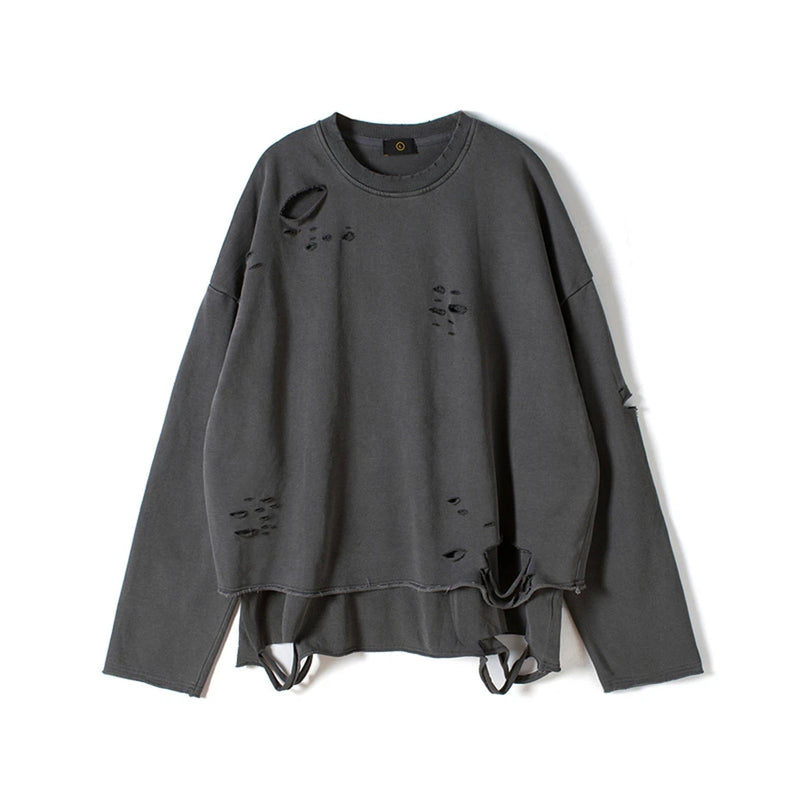 Hip Hop Streetwear Vintage Sweatshirt 2021 Autumn Creative Distressed Destroyed Ripped Holes Pullover Cotton Tops Loose WE301