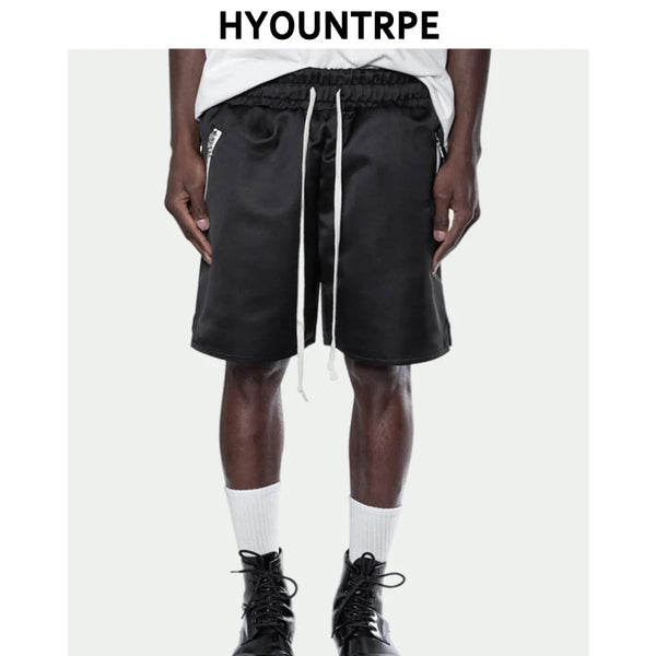 Men Hip Hop Loose Shorts Elastic Waist Shorts Fashion Satin Shorts Zipper Pocket Casual Drewstring Streetwear Sportswear Joggers