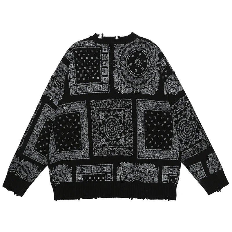 hip hop paisley printed ripped knitted holes sweater mens autumn winter long sleeve pullover streetwear loose sweaters clothing oversized graphic print design, urban wear with bold artwork, trendy hip hop style outerwear