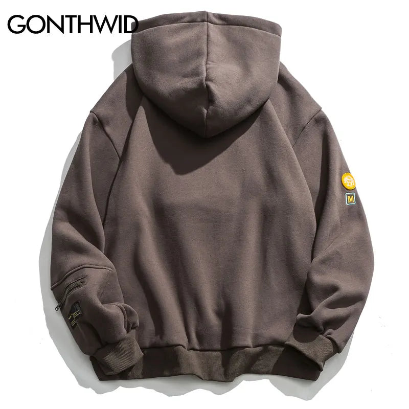 Gonthwid Hoodies Streetwear Hip Hop Zipper Pocket Smile Face Patchwork