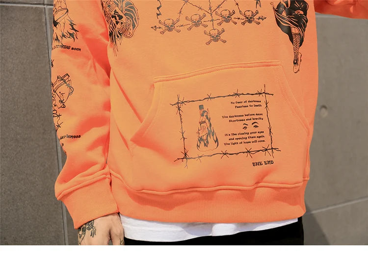2023 Hip Hop Hoodie Sweatshirt Men Streetwear Skull Graffiti Print Hoodie Pullover Cotton Autumn Grey Harajuku Punk Clothes New
