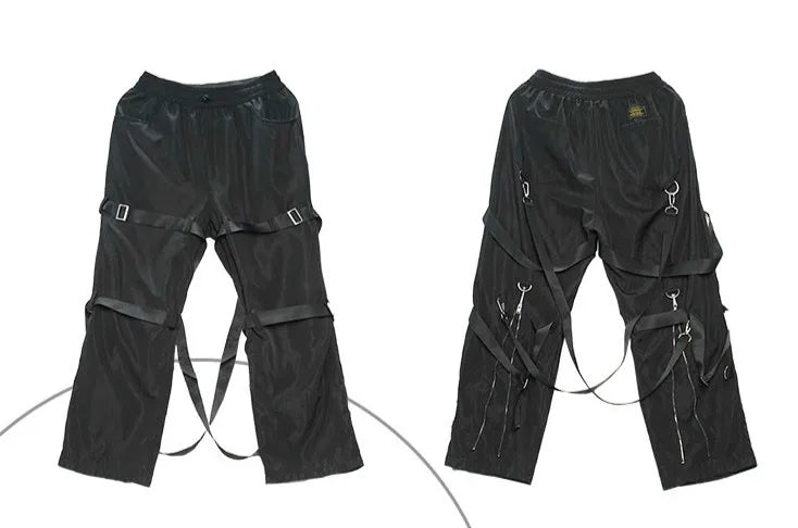 back zipper loose elastic waist cargo pants autumn new streetwear drawstring pants trousers men harajuku twine belts casual pant unique cargo style 4328
