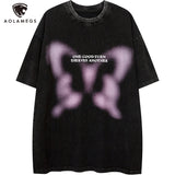 Sadcore Oversized shirt – Aolamegs Butterfly Inkjet Letter Print Washed T Shirt Men Sh