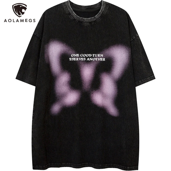 Sadcore Oversized shirt – Aolamegs Butterfly Inkjet Letter Print Washed T Shirt Men Sh
