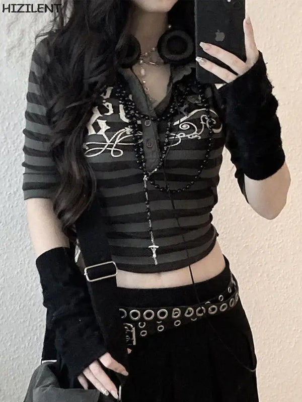 2024 Dark Aesthetic Shirt – Goth Print Tops Stripe Cute Y2K T Shirts Dark Academia Techwear Button Up V Neck Half Sleeve Sweat Shirts Fairy Grunge Tees Emo | Button Shirt Drop #230