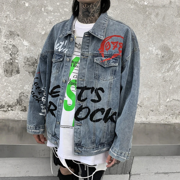 urban fashion featuring mens graffiti letter denim jackets fashion turn down collar long sleeve coats outerwear hip hop casual streetwear jeans jackets design – premium quality jacket for men