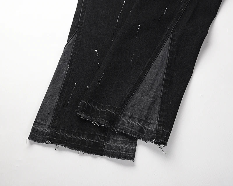 high street retro spotted ink contrast color flared jeans pants male wide leg plus size patchwork ripped denim trousers unique jeans style 118