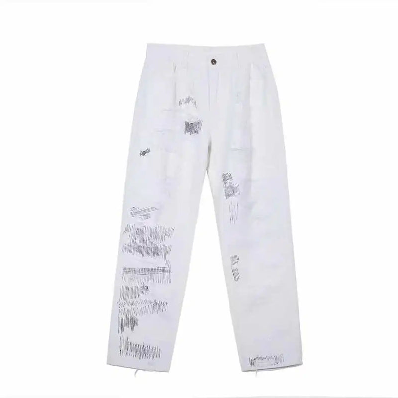 mens high street denim jean pants new casual loose ripped holes straight zipper white jeans trousers hip hop streetwear joggers sporty tapered joggers