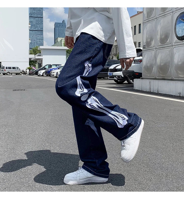skeleton embroidery straight jean pants couples mopping trousers mens streetwear denim pants mens clothing jeans for men baggy unique jeans style 2820