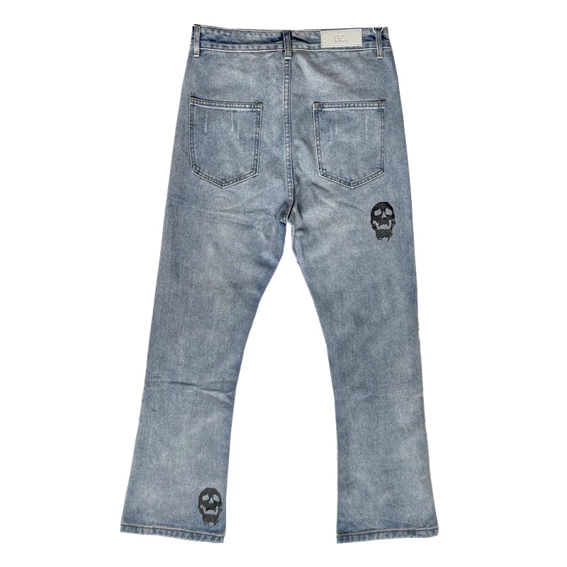 fashion skull printed denim jeans mens destoryed holes zipper flare jeans hip hop streetwear summer casual joggers jeans pants unique joggers style 3778