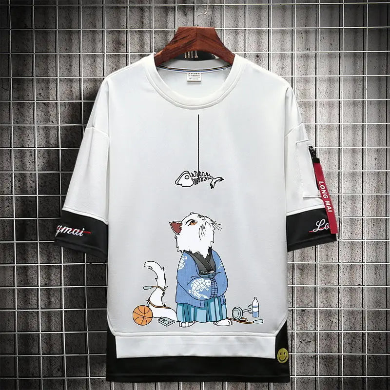 Anime Streetwear top – Hip Hop Kahaki T Shirt Short Sleeve Kawaii Harajuku Cat T Sh