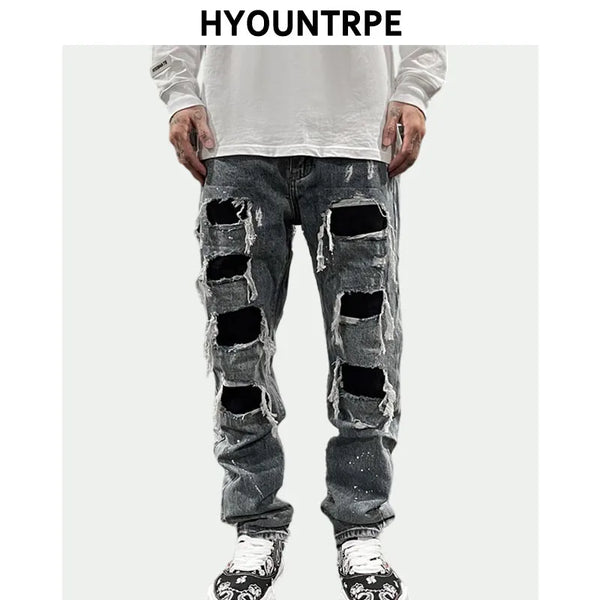 men ripped holes denim jean pants hip hip new fashion straight patchwork pants new casual jeans streetwear mens trousers joggers casual joggers