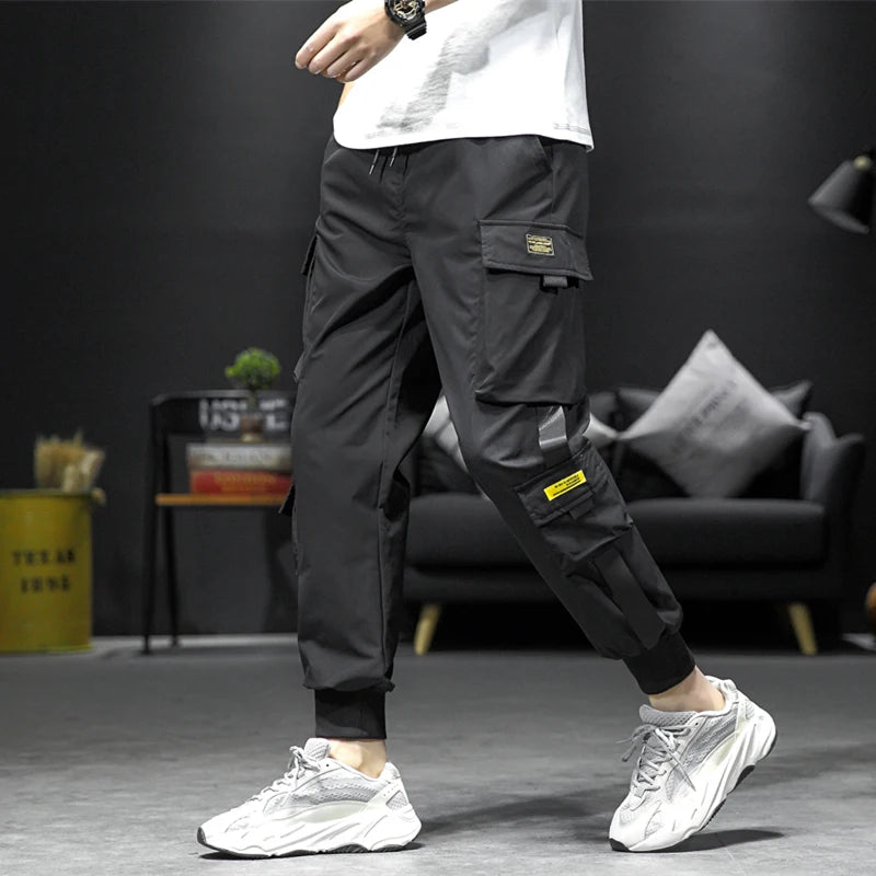streetwear hip hop black harem pants men elastic waist punk pants with ribbons casual slim jogger pants men hip hop trousers sporty tapered joggers