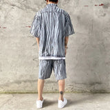 2 Pieces Sets Men Fashion Striped Printed Short Sleeves Single Breasted Loose Shirts and Shorts Joggers Streetwear Hip Hop Set