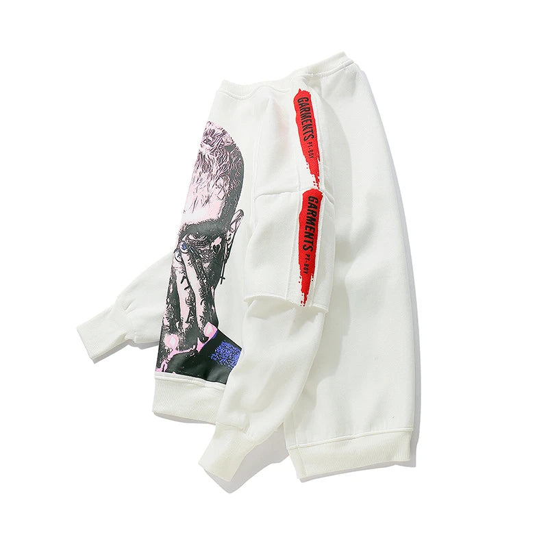 rainbowtouches long sleeve t shirt mens sweater high street fashion hip hop figure print stitching cuff design pattern coats oversized graphic print design, urban wear with bold artwork, unique limited edition hoodie