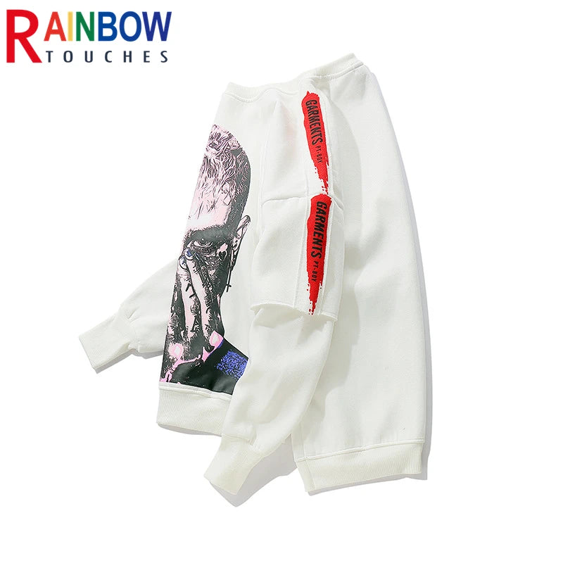 rainbowtouches long sleeve t shirt mens sweater high street fashion hip hop figure print stitching cuff design pattern coats oversized graphic print design, urban wear with bold artwork, unique limited edition hoodie