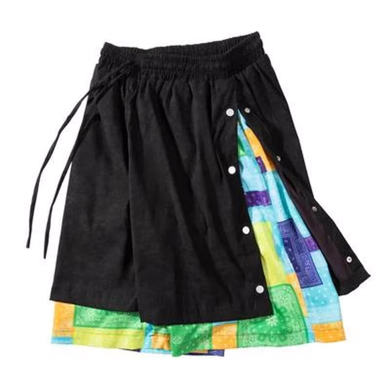 men side buttons patchwork harajuku straight shorts new elastic waist short pants joggers hip hop streetwear casual sweatshorts streetwear sweatpants