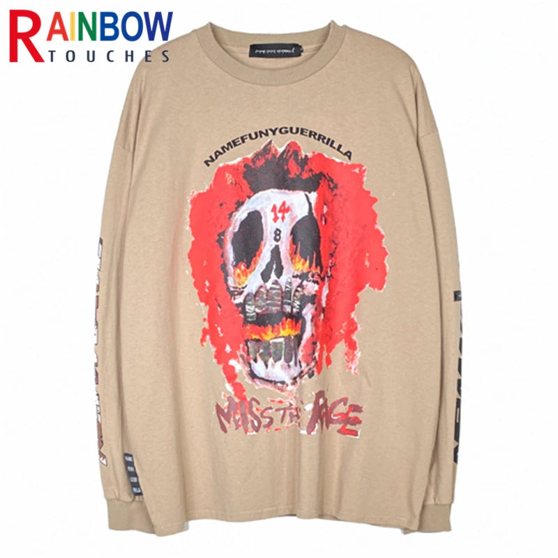 rainbowtouches long sleeve t shirt men high street skeleton skull graffiti print women hip hop couple sweatercoat unisex design urban wear with bold artwork, trendy hip hop style outerwear, streetwear fashion hoodie