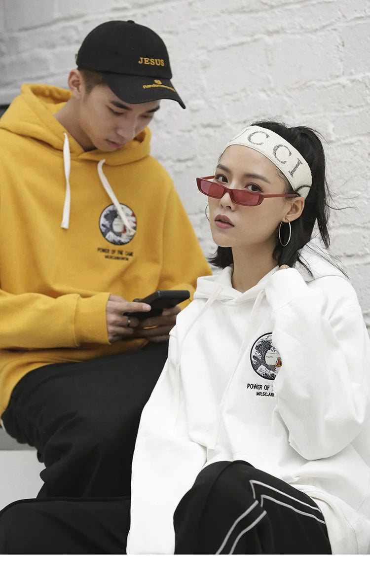 Embroidery Funny Cat Hoodies Sweatshirt Men Hip Hop Winter Fleece Pull