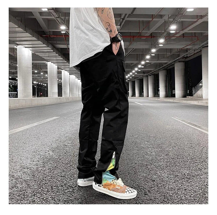 mens high street loose fit elastic waist pants bottom zipper patchwork cargo pants hip hop drawstring sportwear pants joggers unique joggers style 5425