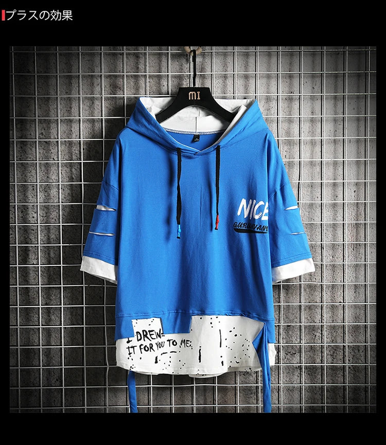 Men Fashion Ribben Hoodie Summer Short Sleeve Hoodies Mens Hoodies