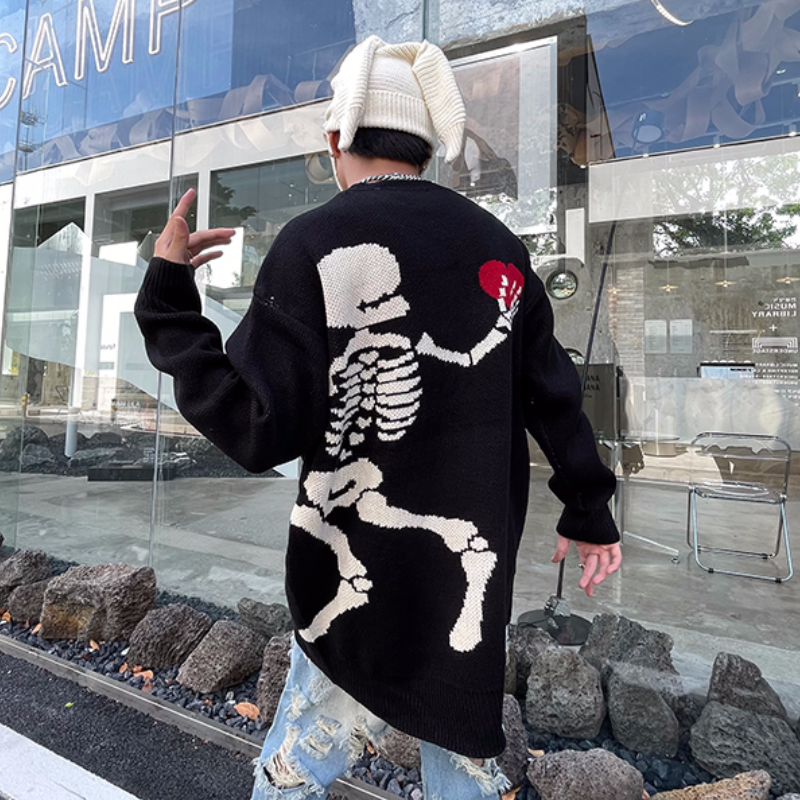 hip hop skull knitted oversized sweater men autumn winter o neck long sleeve pullover streetwear loose sweaters mens clothing oversized graphic print design, Y2K vintage urban hoodie, trendy hip hop style outerwear