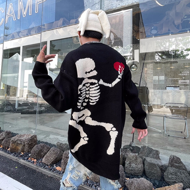 hip hop skull knitted oversized sweater men autumn winter o neck long sleeve pullover streetwear loose sweaters mens clothing oversized graphic print design, Y2K vintage urban hoodie, trendy hip hop style outerwear