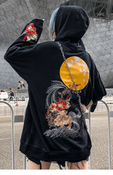 2023 Men Hip Hop Hoodie Sweatshirt Embroidered Floral Full Moon Rabbit Harajuku Streetwear Hoodie Pullover Cotton Autumn Hipster