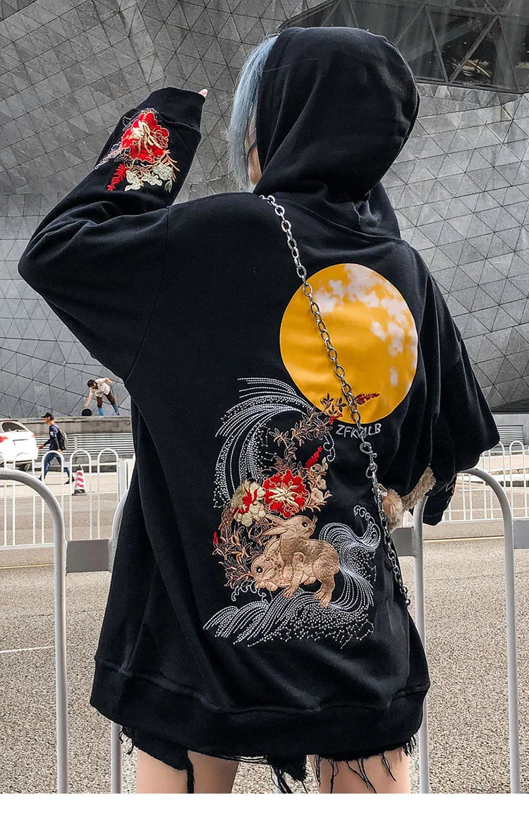 2023 Men Hip Hop Hoodie Sweatshirt Embroidered Floral Full Moon Rabbit Harajuku Streetwear Hoodie Pullover Cotton Autumn Hipster