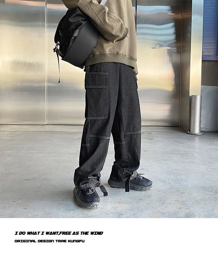 men jeans wide leg denim pants loose straight baggy mens jeans hip hop streetwear skateboard neutral denim trousers cargo jeans unique cargo style 2678