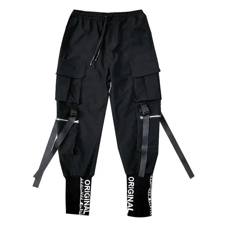 hip hop men ribbons cargo pants fashion harajuku 2023 new elastic waist casual streetwear mens joggers trousers black casual joggers