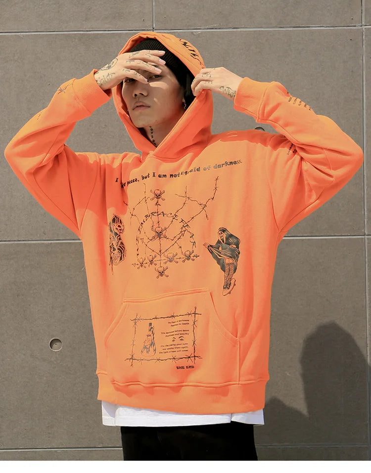 2023 Hip Hop Hoodie Sweatshirt Men Streetwear Skull Graffiti Print Hoodie Pullover Cotton Autumn Grey Harajuku Punk Clothes New