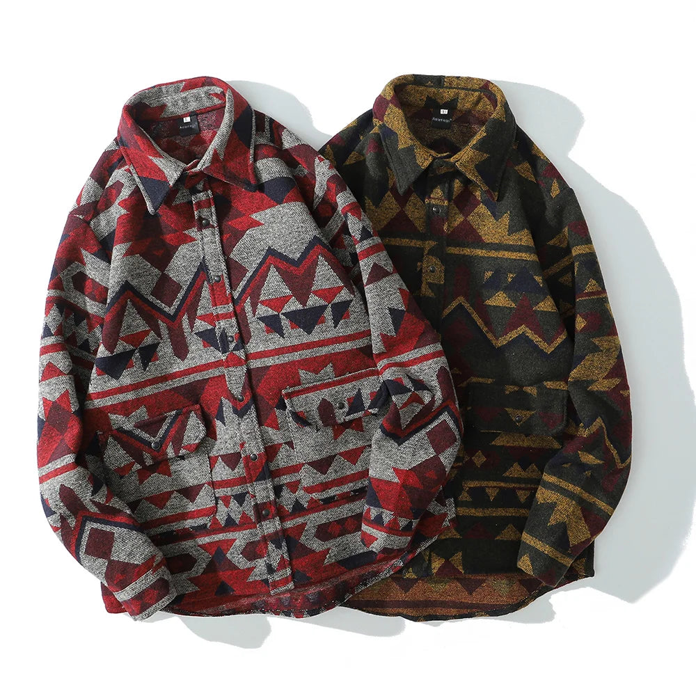 Color Retro Geometric Pattern Men Shirt Thick Casual Baggy Big Pockets High Street Autumn Streetwear