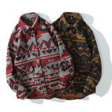 Aolamegs Patchwork Color Retro Geometric Pattern Men Shirt Thick Casual Baggy Big Pockets Harajuku High Street Autumn Streetwear