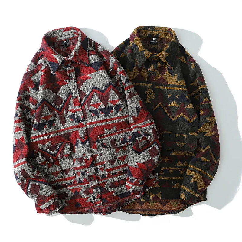 Aolamegs Patchwork Color Retro Geometric Pattern Men Shirt Thick Casual Baggy Big Pockets Harajuku High Street Autumn Streetwear