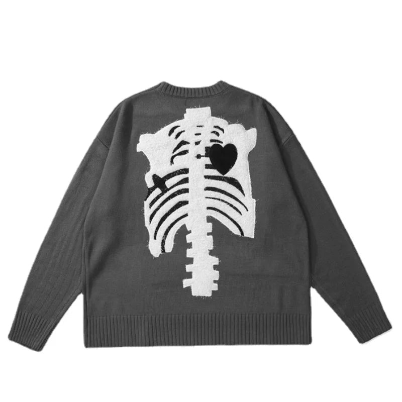 hip hop skull knitted oversized sweater mens letter embroidery o neck long sleeve pullover streetwear loose sweaters clothing - trendy hip hop fashion hoodie, urban fashion pullover, Y2K grunge street style