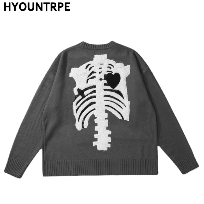 hip hop skull knitted oversized sweater mens letter embroidery o neck long sleeve pullover streetwear loose sweaters clothing - trendy hip hop fashion hoodie, urban fashion pullover, Y2K grunge street style