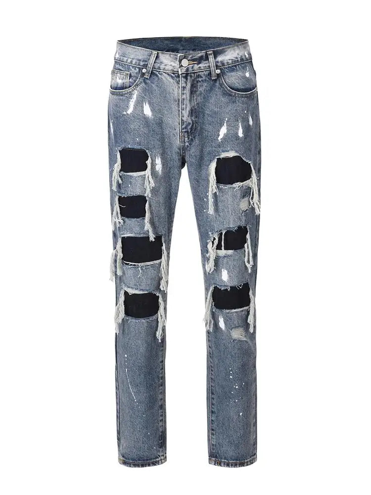 men ripped holes denim jean pants hip hip new fashion straight patchwork pants new casual jeans streetwear mens trousers joggers unique joggers style 1397