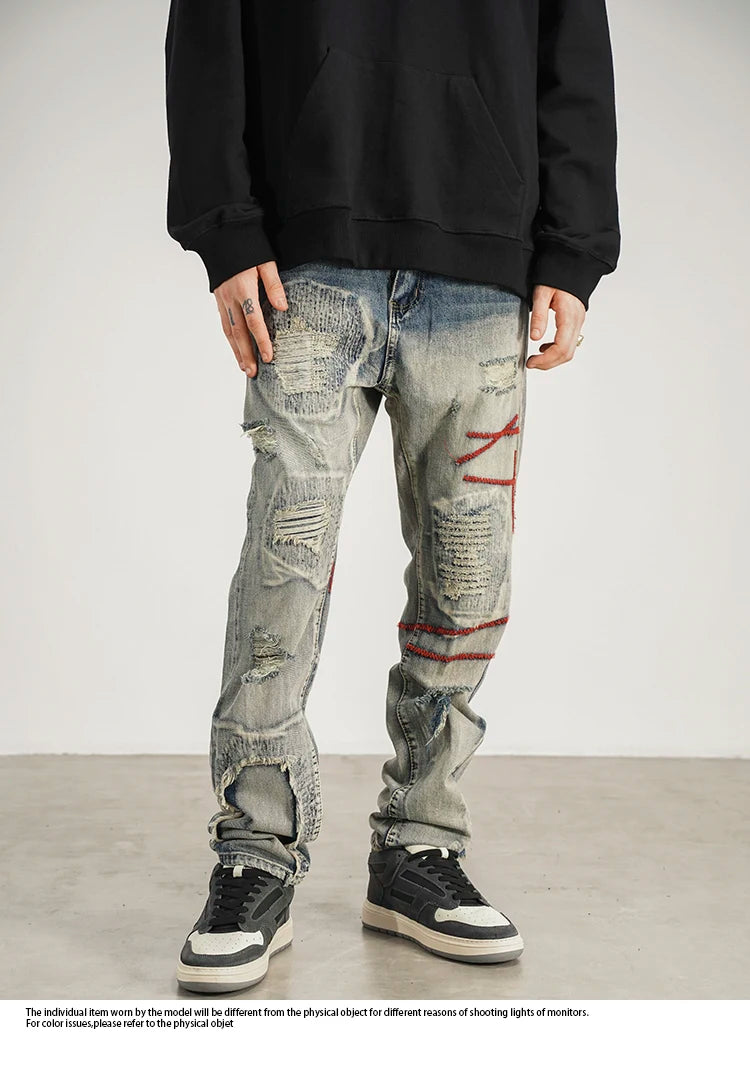 destroyed ripped straight jeans pants mens distressed biker jeans fashion irregular embroidery streetwear hip hop pants joggers unique joggers style 3949