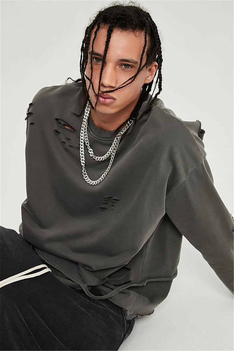 Hip Hop Streetwear Vintage Sweatshirt 2021 Autumn Creative Distressed Destroyed Ripped Holes Pullover Cotton Tops Loose WE301