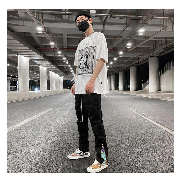 streetwear patchwork cashew flower print cargo pants y2k men hip hop casual functional slim cargo trousers male pocket side zip unique cargo style 4657